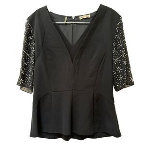 Rebecca Taylor women’s geo shimmer silk black blouse embellished peplum illusion